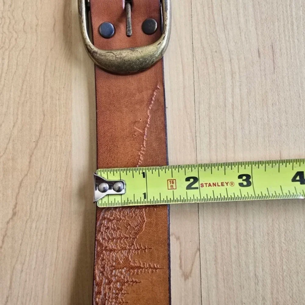 Vintage Tooled Leather Nature‎ Scene Belt Tan Tree Sun Embossed Brass Buckle
